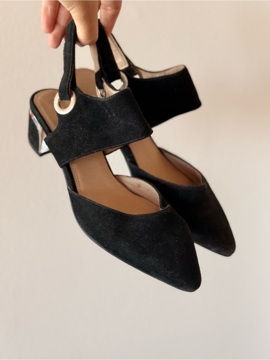 Hush Puppies Shoes - Hush Puppies Black Suede Pointed Slingback Heels with Metallic Eyelet